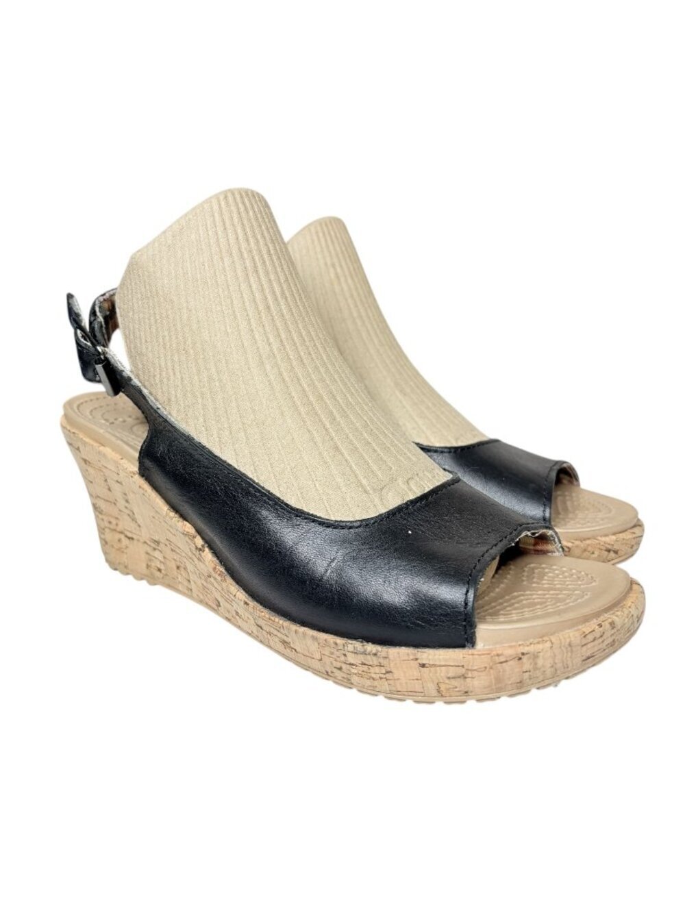Crocs A Leigh Wedge Sandals Women's 6 Black Slingback Cork Buckle Slip On Shoes
